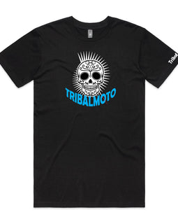 Mens black mali tee with mohawk skull design and TribalMoto words