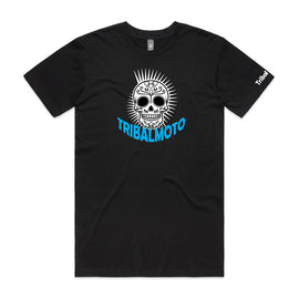 Mens black mali tee with mohawk skull design and TribalMoto words