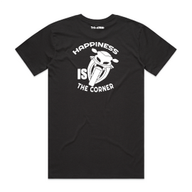 Mens tee - design of motorbike and words happiness is the corner