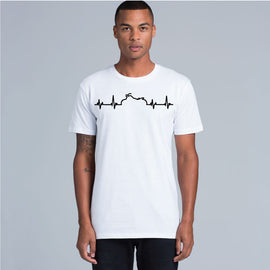 Men's v-neck tee in white with design of heartbeat and cruiser motorbike