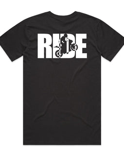 RIDE words with motorbike in background black tee