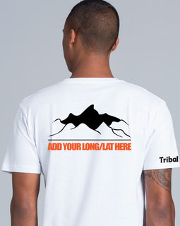 Mens white tee with design of mountains and logitude latitude of a favourite location.