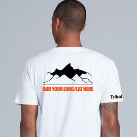 Mens white tee with design of mountains and logitude latitude of a favourite location.