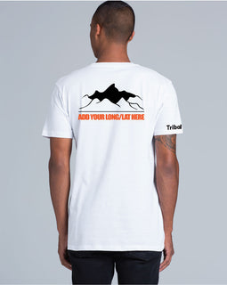 Mens white tee with design of mountains and logitude latitude of a favourite location.