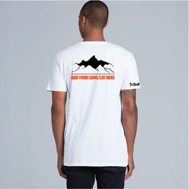 Mens white tee with design of mountains and logitude latitude of a favourite location.