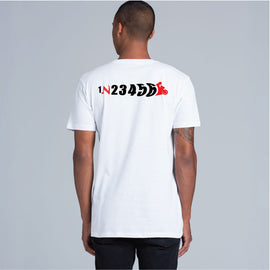 White men's round neck tee with design on back of bike gears and the front end of a motorbike