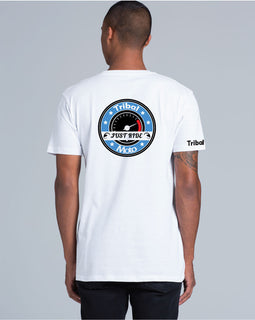 Men's black round neck tee with pocket circle logo of words Tribalmoto Just Ride in a circle in white and high visibility coral