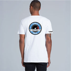 Men's black round neck tee with pocket circle logo of words Tribalmoto Just Ride in a circle in white and high visibility coral