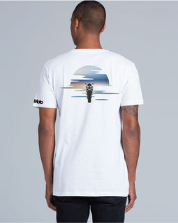 Men's - Motorbike sunset on white tee