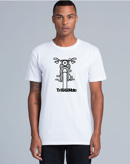 White tee with image of Cafe Racer and words TribalMoto