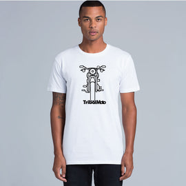 White tee with image of Cafe Racer and words TribalMoto