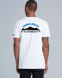 Round neck tee in white with design, not all who wander are lost