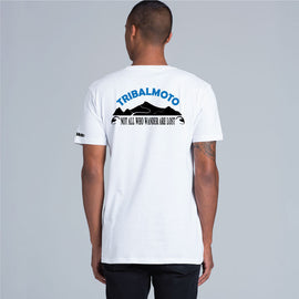 Round neck tee in white with design, not all who wander are lost
