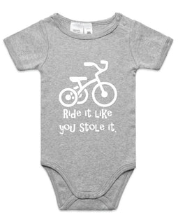 Kids white tee with ride it like you stole it words