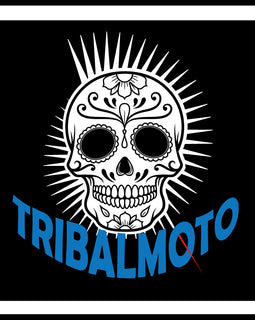 Mens black tee with mohawk skull design and TribalMoto words