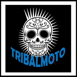 Mens black tee with mohawk skull design and TribalMoto words