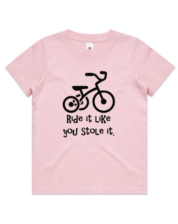 Kids pink tee with strike and words Ride it like you stole it.