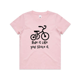 Kids pink tee with strike and words Ride it like you stole it.