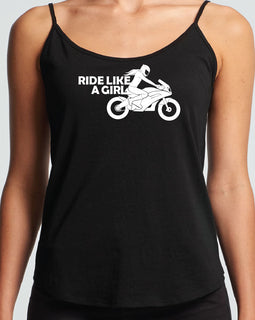 Black ladies shoe string singlet with design on front of Ride like a girl on a motorbike
