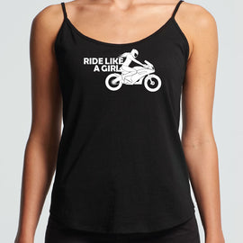 Black ladies shoe string singlet with design on front of Ride like a girl on a motorbike