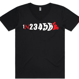 Black men's v-neck tee with design on back of bike gears and the front end of a motorbike