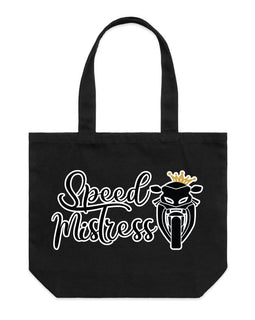 Wide black tote bag with image of a motorbike and the words speed mistress