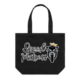 Wide black tote bag with image of a motorbike and the words speed mistress