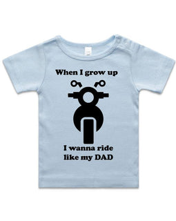 Blue tee with motorbike for kids, when I grow up I wanna ride like my dad
