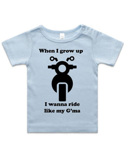 Blue tee with motorbike for kids, when I grow up I wanna ride like my gma