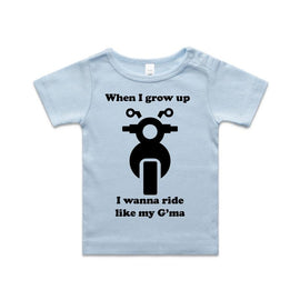 Blue tee with motorbike for kids, when I grow up I wanna ride like my gma