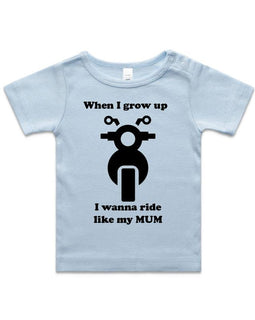 Blue tee with motorbike for kids, when I grow up I wanna ride like my mum