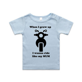 Blue tee with motorbike for kids, when I grow up I wanna ride like my mum