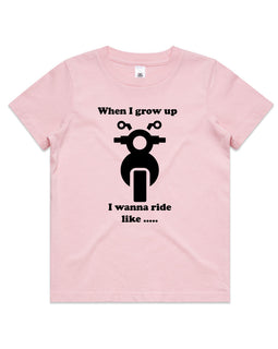 Pink kids tee with motorbike design and words When I grow up I wanna ride like...