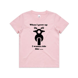 Pink kids tee with motorbike design and words When I grow up I wanna ride like...
