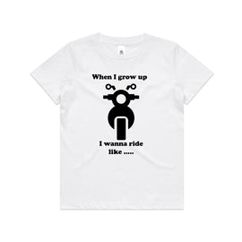White kids tee with motorbike design and words When I grow up I wanna ride like...